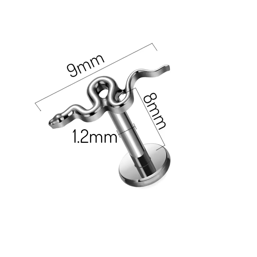 Dimensions du piercing labret en titane avec design serpent, finition argentée