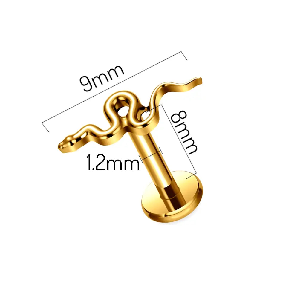 Dimensions du piercing labret en titane avec design serpent, finition PVD or