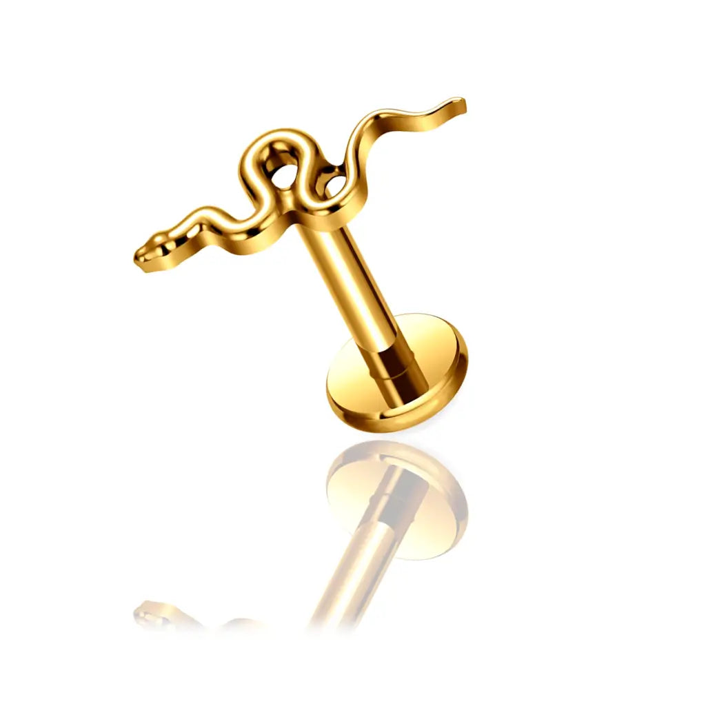 Piercing labret en titane ASTM F-136 en forme de serpent, finition PVD or - Vue de présentation