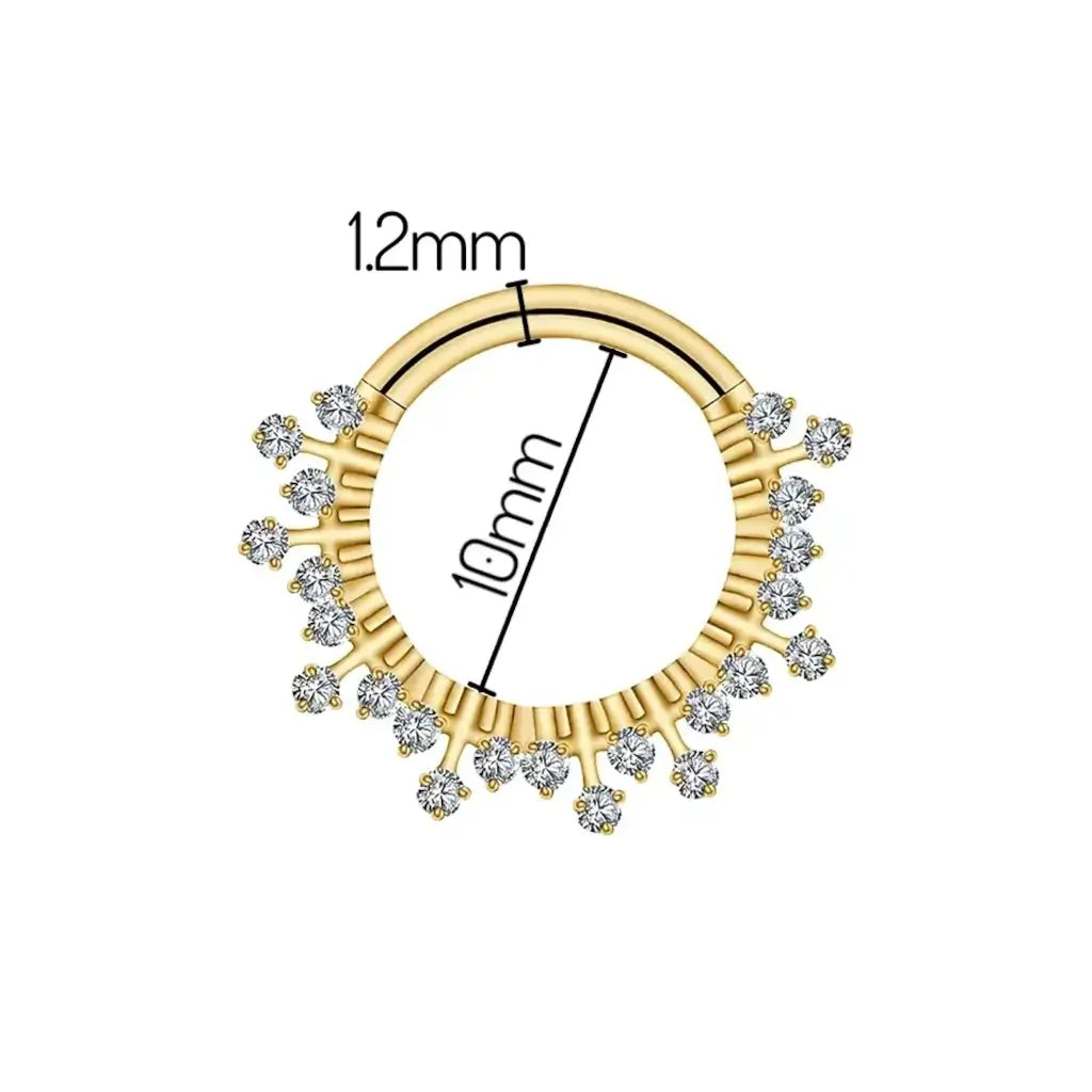 Schéma technique du bijou Velaryan – version PVD or – titane ASTM F-136, zirconiums, fermeture clicker