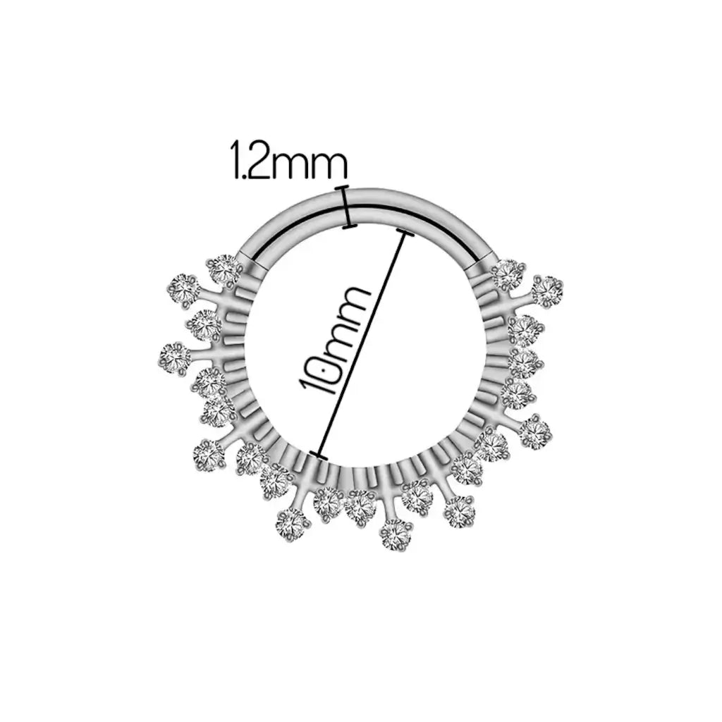 Schéma technique du bijou Velaryan – version argenté – titane ASTM F-136, zirconiums, fermeture clicker