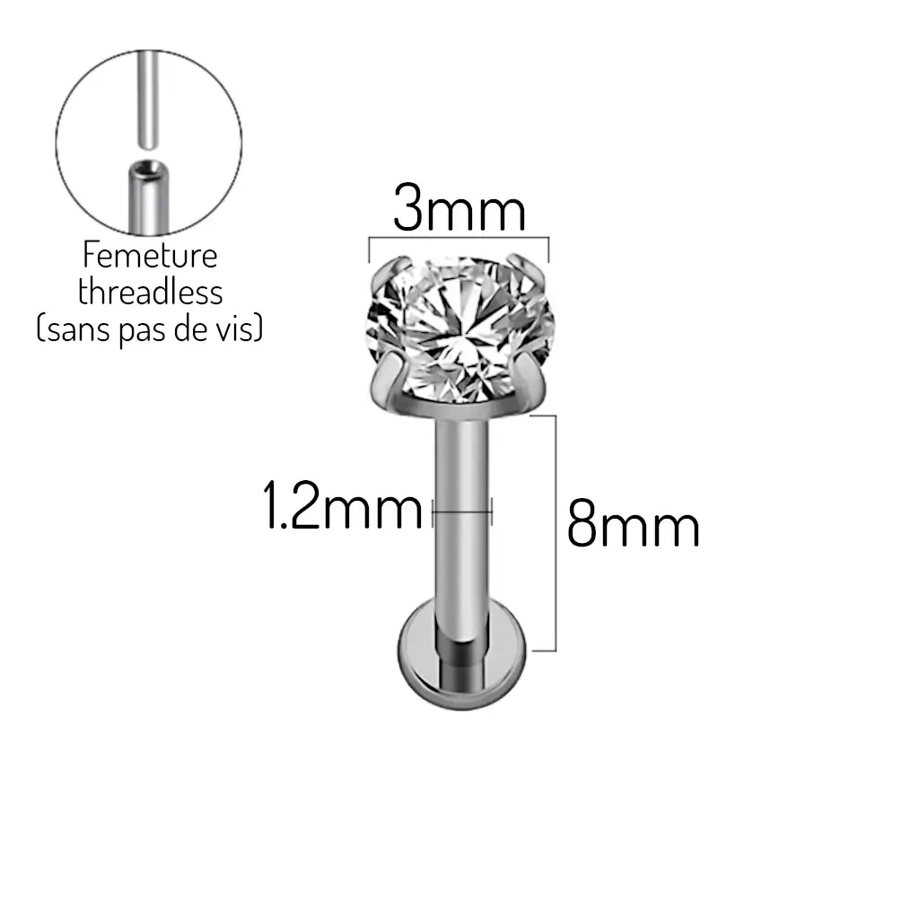 Dimensions du piercing hélix labret threadless en titane avec zirconium griffé, finition argentée