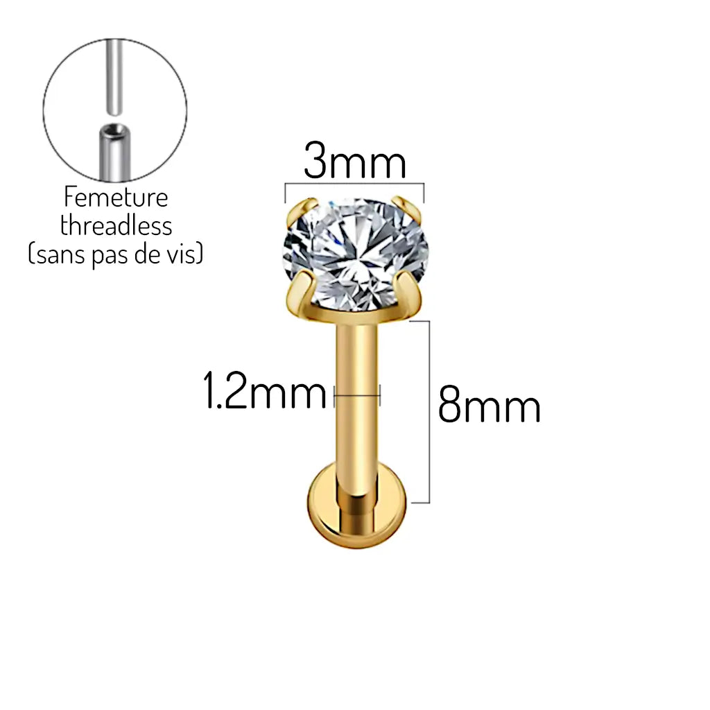 Dimensions du piercing tragus labret threadless en titane avec zirconium griffé, finition PVD or