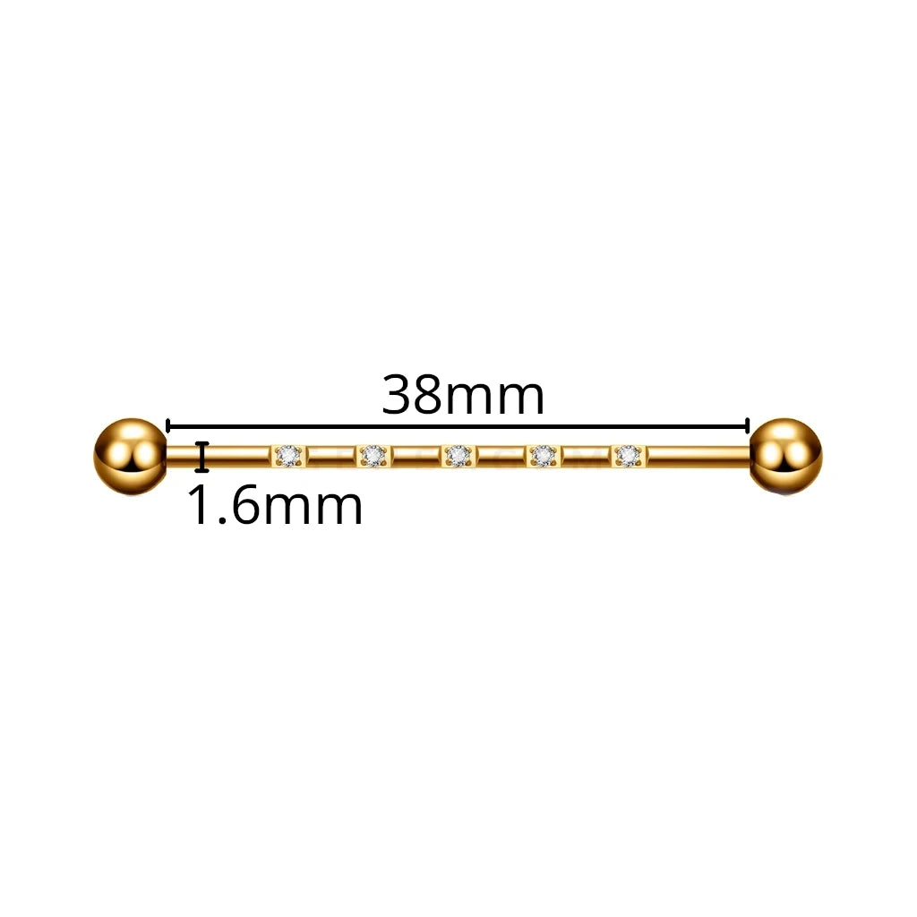 Dimensions de la barre piercing industriel Isidora en titane doré avec cristaux de zirconium, fermeture en pas de vis externe.