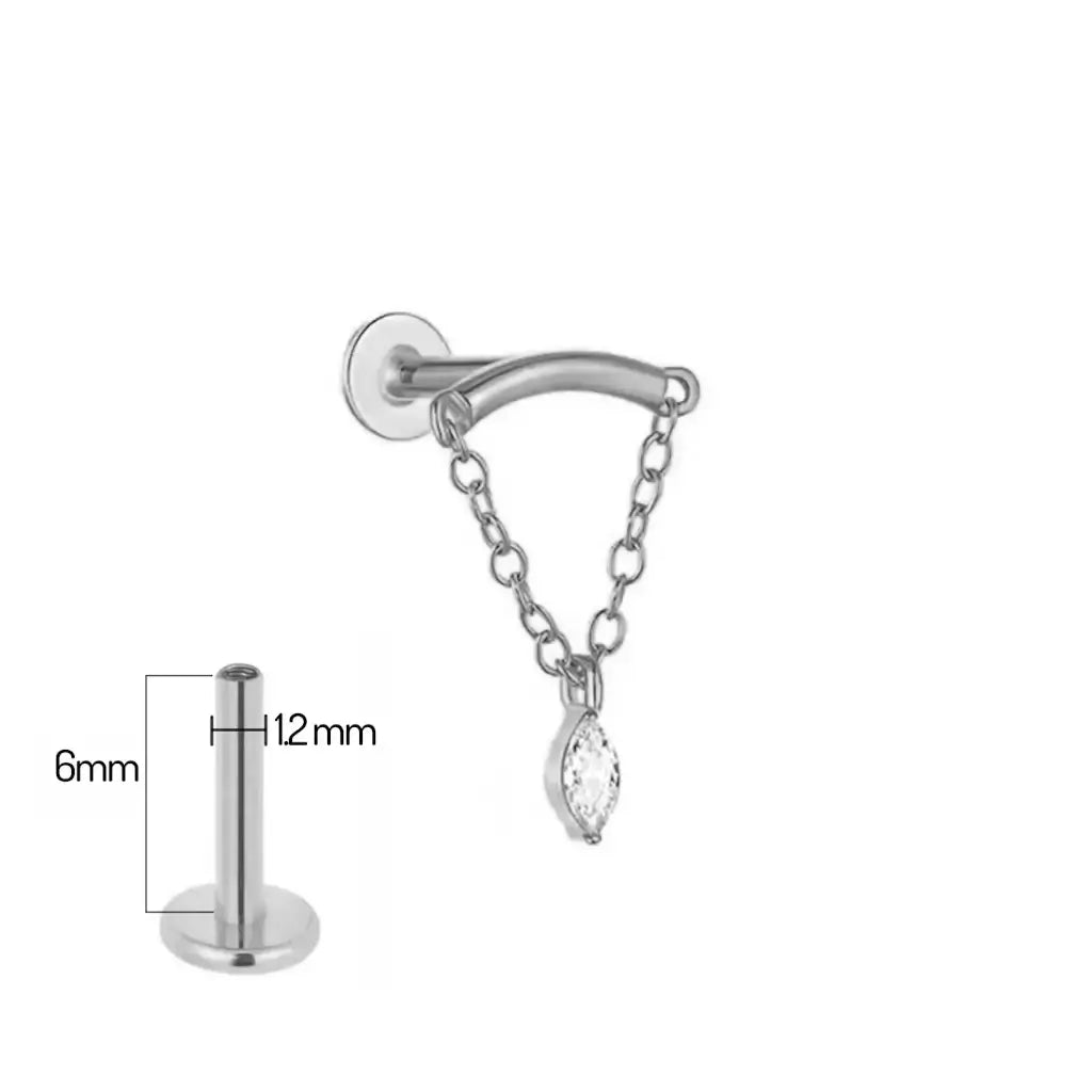 Piercing Elenya en titane naturel – tige 6mm, breloque zirconium et chaîne fine
