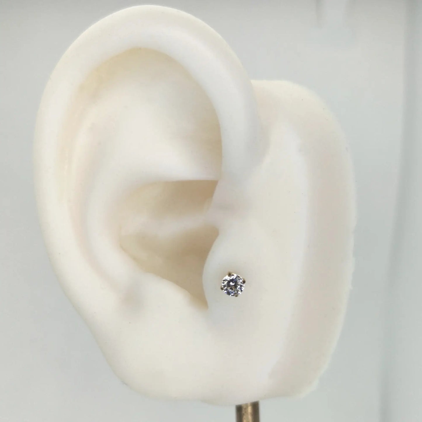 Piercing labret en titane ASTM F-136 finition PVD Or, présenté sur le tragus d'une oreille artificielle