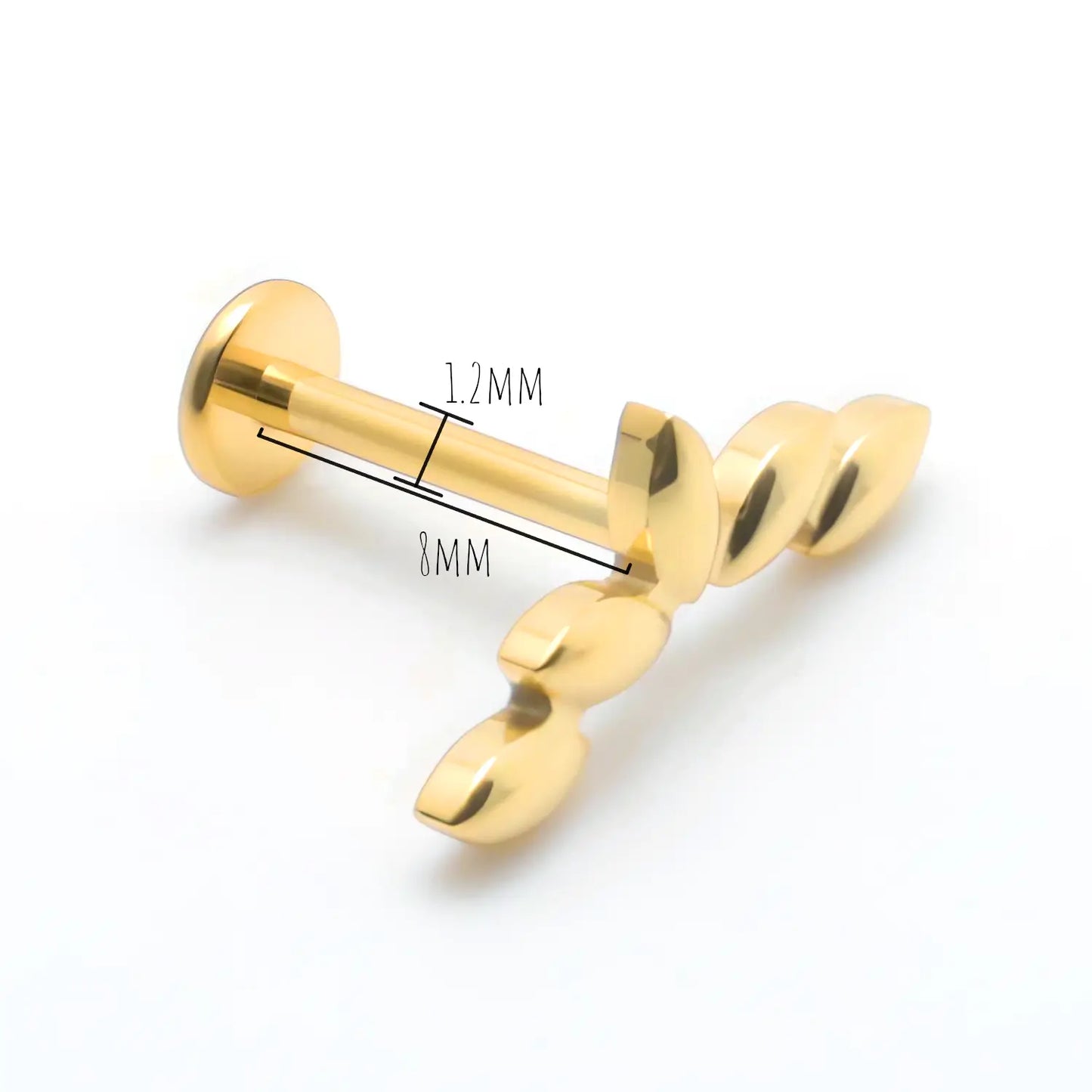 Piercing en titane finition PVD Or avec labret plat de 1.2mm pour 8mm de longueur