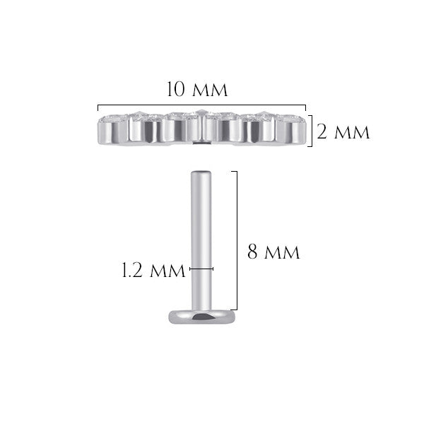 Dimensions du piercing en titane avec 3 fleurs en pierre de zircon