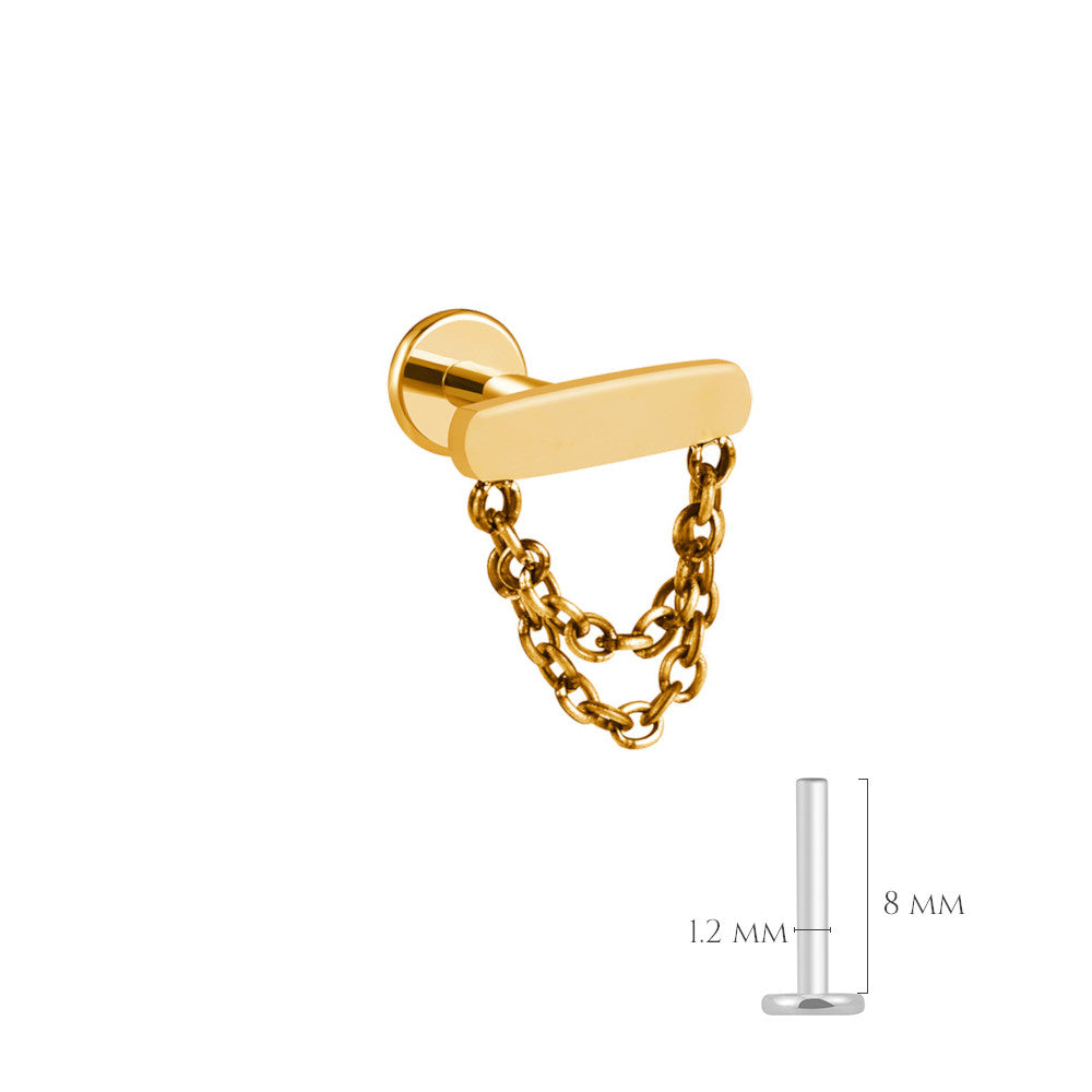 Piercing labret en titane avec double chaine en or