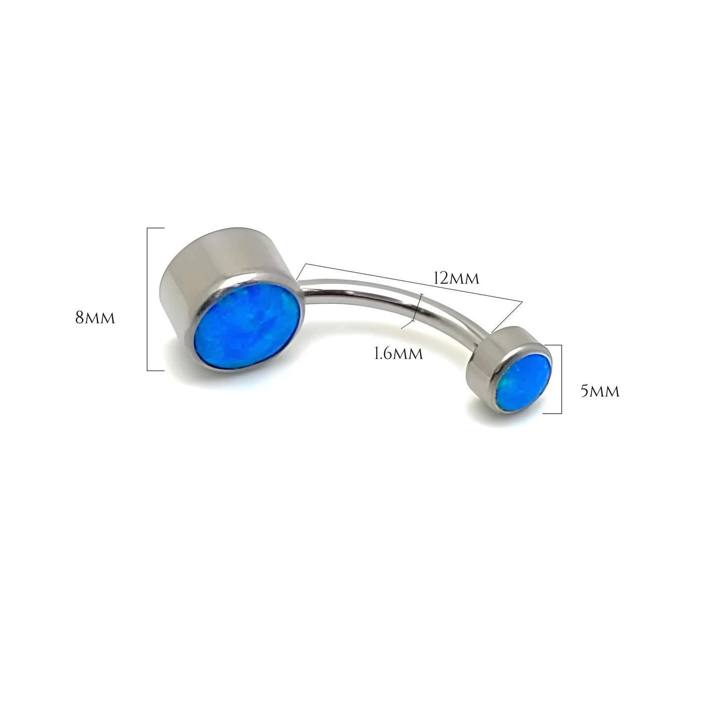 Dimensions de notre piercing en titane ASTM F136 pour le nombril avec opales bleues serties