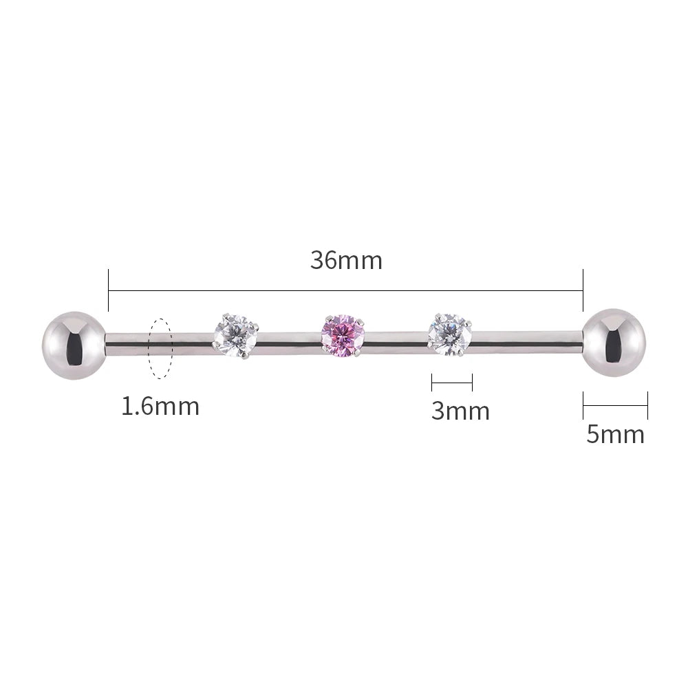 Barre de piercing industriel en titane avec pierre de zircon rose et blanche