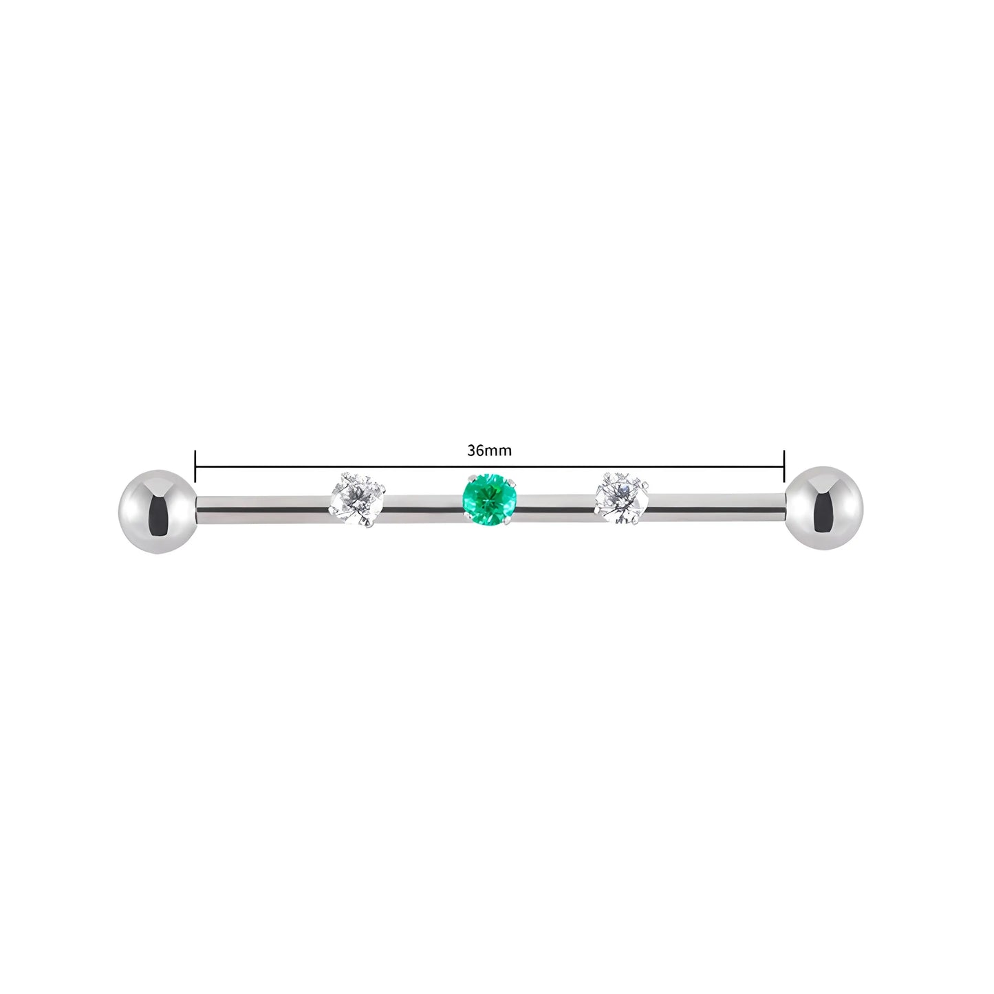 Barre de piercing industriel en titane avec pierre de zircon verte et blanche. Longueur de la barre : 36 mm