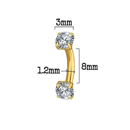 Détail du piercing banane en titane avec zirconium et tête griffée - Bijou pour piercing daith et rook. Version avec finition PV OR