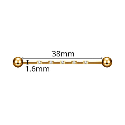 Dimensions de la barre piercing industriel Isidora en titane doré avec cristaux de zirconium, fermeture en pas de vis externe.