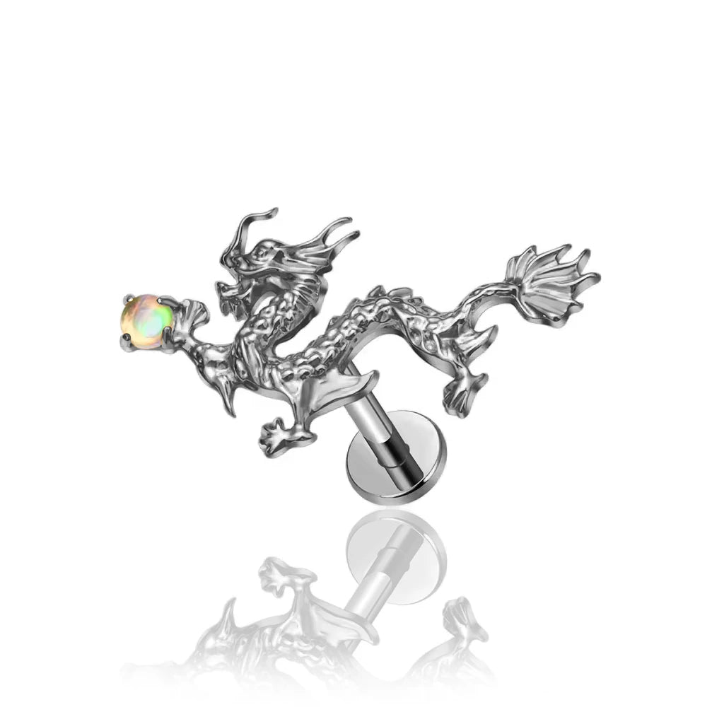 Piercing labret dragon titane ASTM F-136 finition PVD or, cabochon opalescent