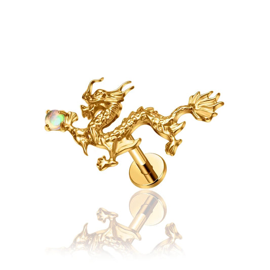 Piercing labret dragon titane ASTM F-136 finition PVD or, cabochon opalescent