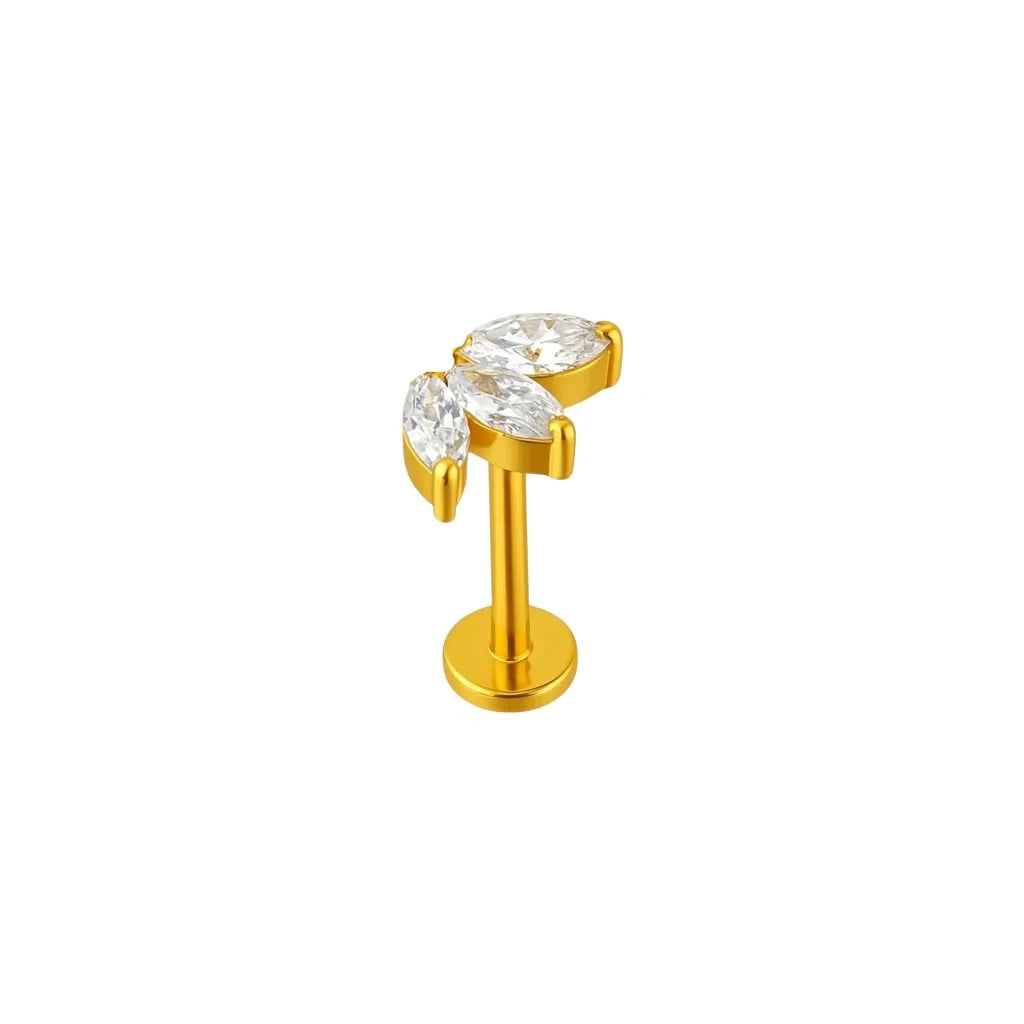 Piercing hélix labret Trilia en titane ASTM F-136 PVD or avec trois pierres navette
