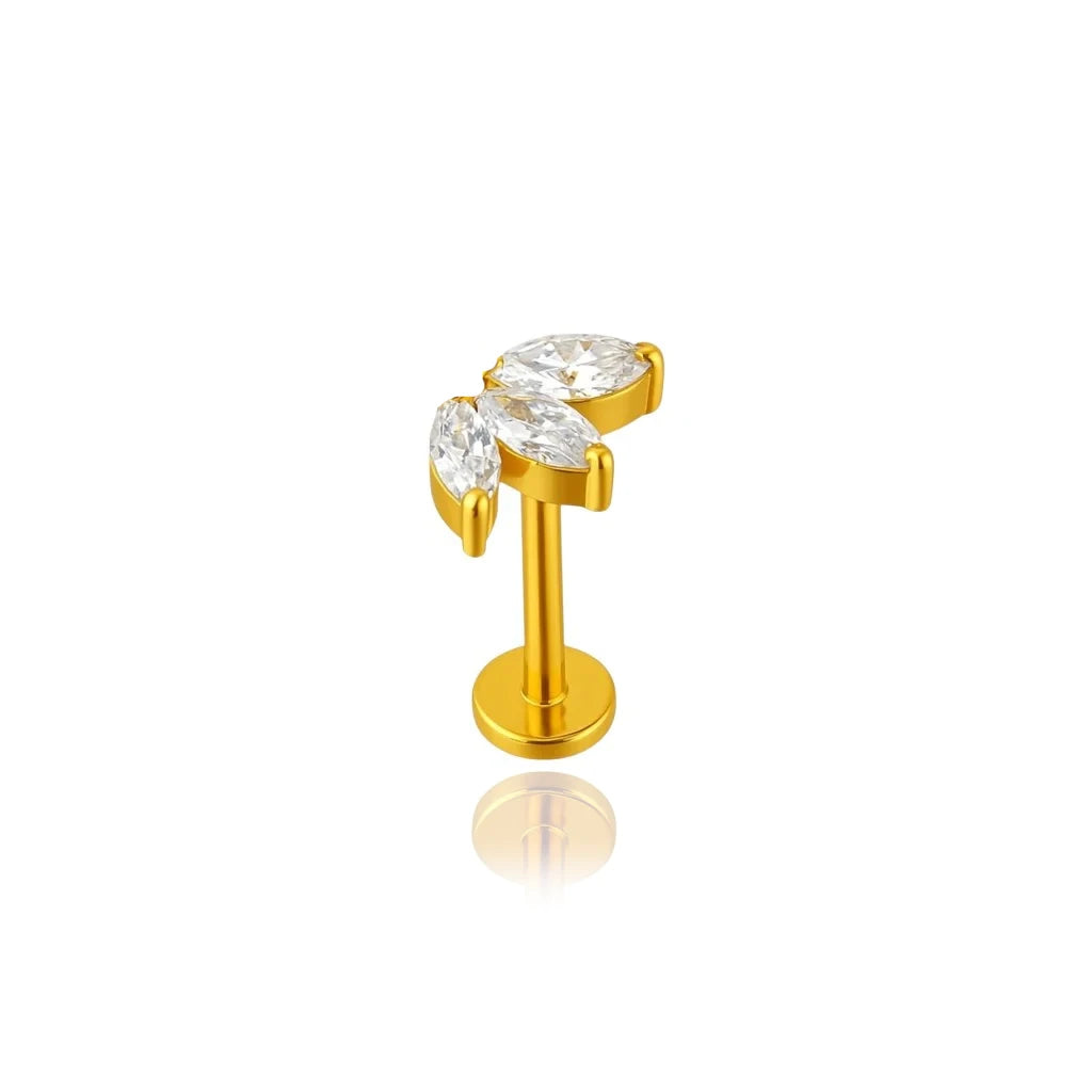 Piercing hélix labret Trilia en titane PVD or avec zirconiums blancs forme navette
