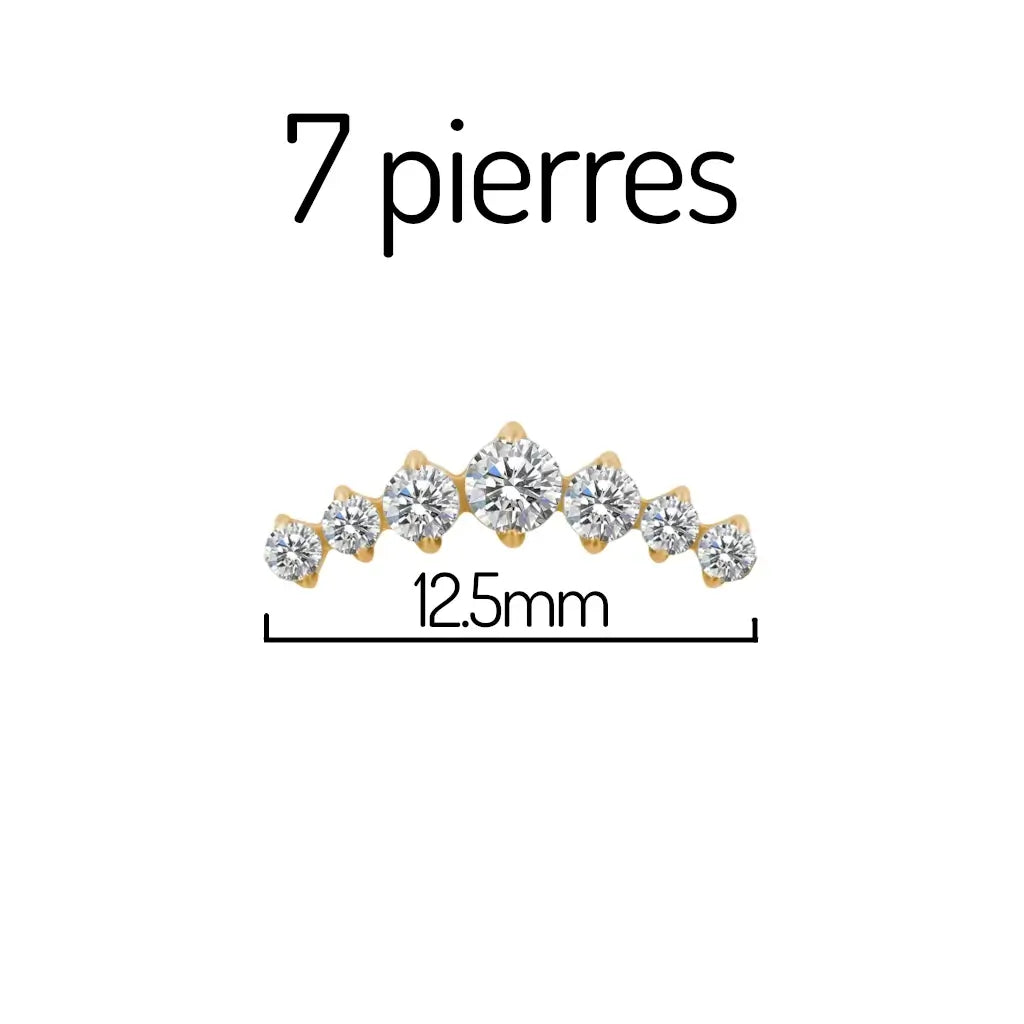 Dimensions du piercing labret en titane avec cluster de 7 pierres en zirconium finition PVD or - bijou hypoallergénique pour flat et hélix