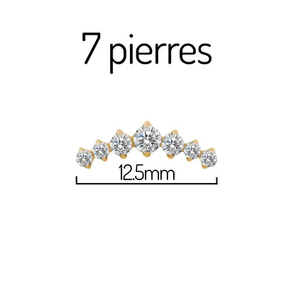 Dimensions du piercing labret en titane avec cluster de 7 pierres en zirconium finition PVD or - bijou hypoallergénique pour flat et hélix