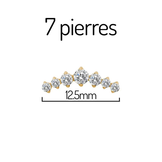 Dimensions du piercing labret en titane avec cluster de 7 pierres en zirconium finition PVD or - bijou hypoallergénique pour flat et hélix