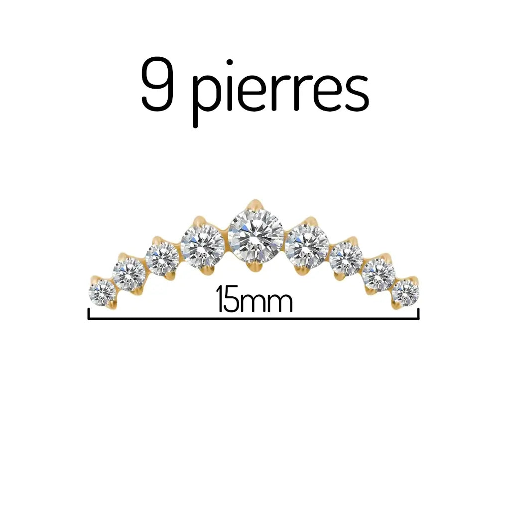 Dimensions du piercing labret en titane avec cluster de 9 pierres en zirconium avec finition PVD or - bijou hypoallergénique pour flat et hélix