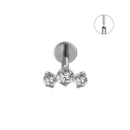 Piercing hélix Telma en titane ASTM F-136 argenté avec trio de zirconiums blancs et base labret
