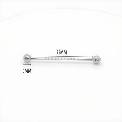 Dimensions d'une barre de piercing industriel en titane de 38 mm de longueur avec billes de zircon