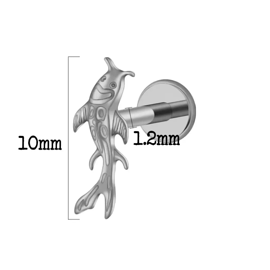 Dimensions du piercing labret en titane avec carpe Koï, finition argentée