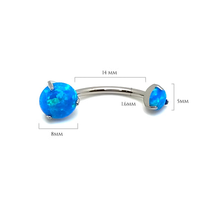 Dimension de notre piercing en titane avec 2 opales bleues griffées