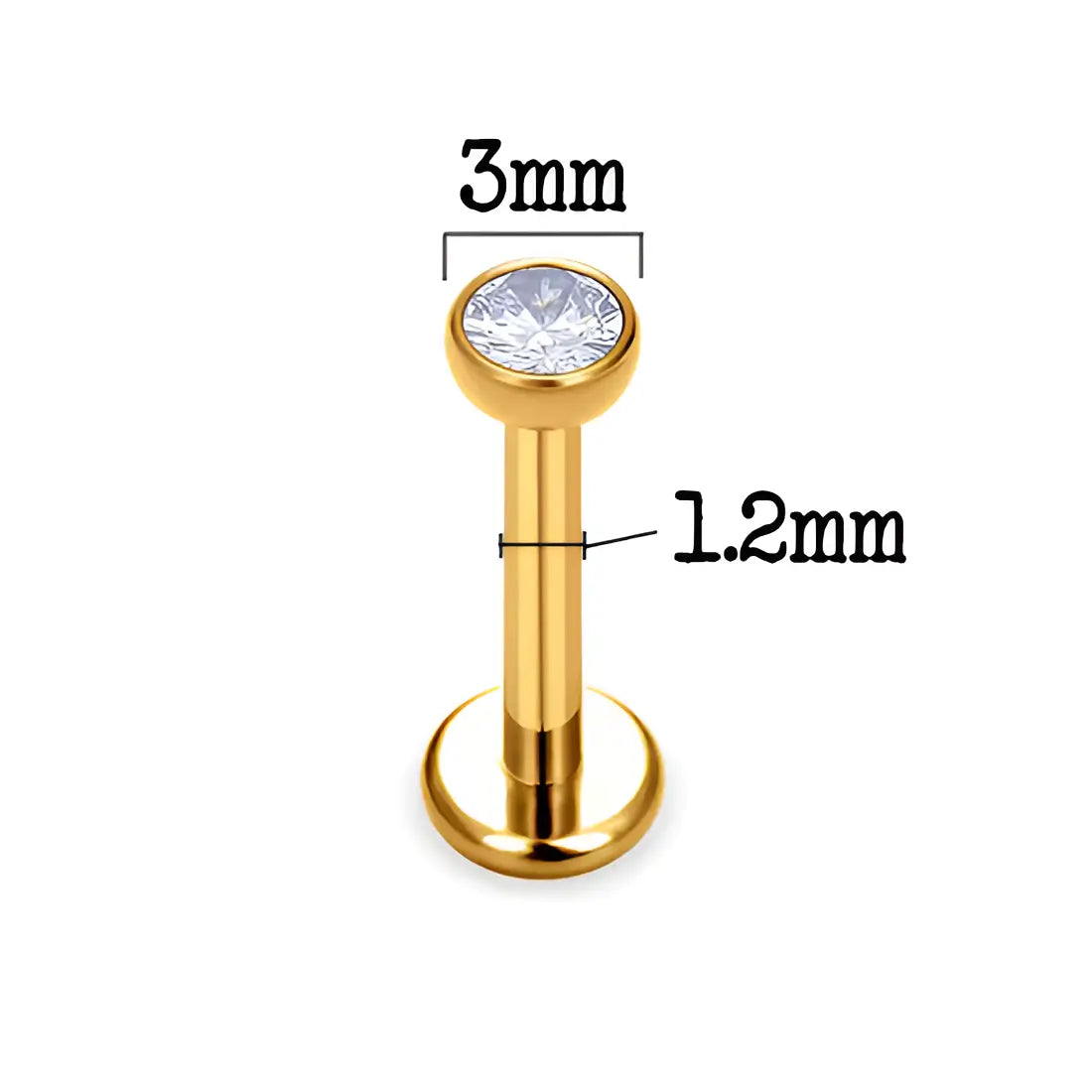 Dimensions du bijou de piercing labret en titane PVD or avec oxyde de zirconium - Vue détaillée