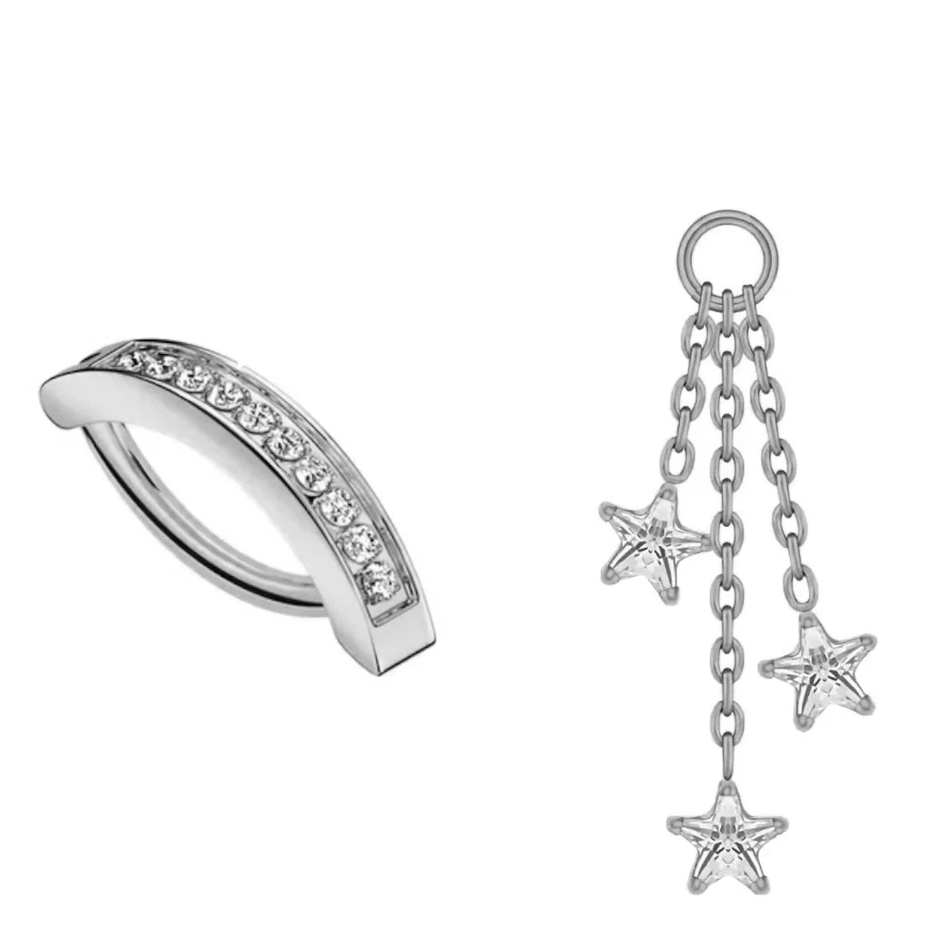 Coffret cadeau fête des mères piercing nombril titane, vue du bijou et du pendant argenté