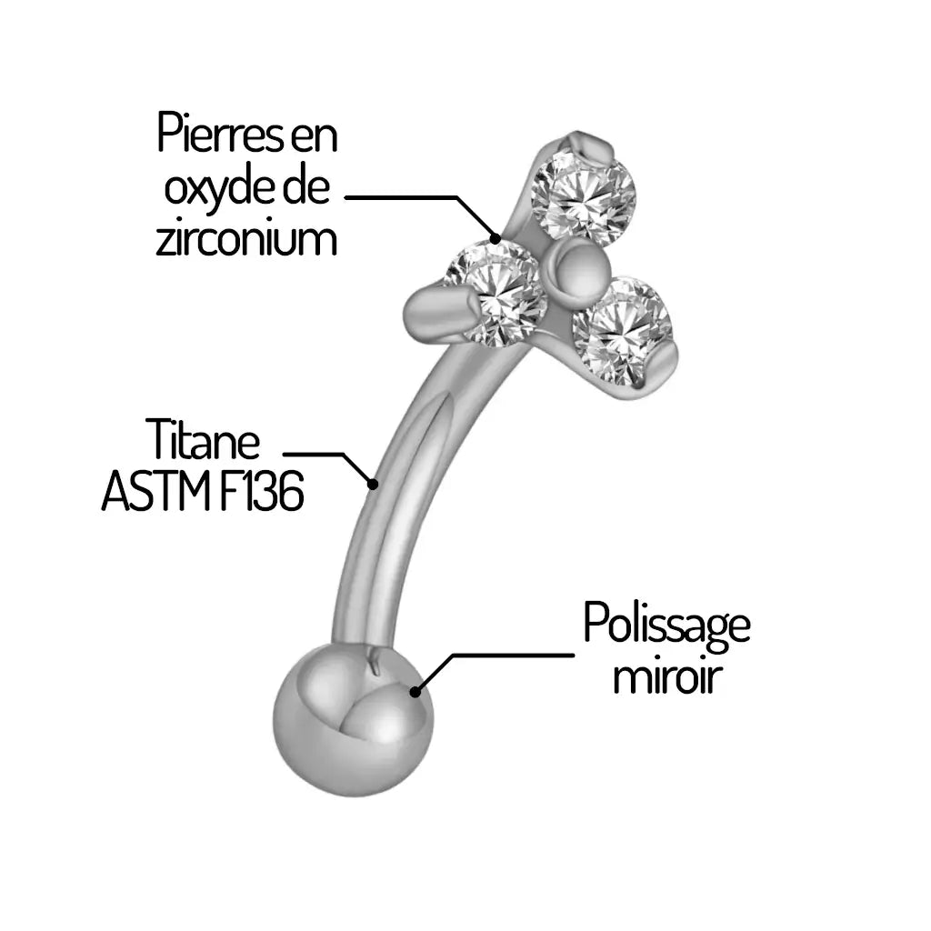 Piercing banane Trinova en titane argenté - confort et élégance avec top trinity en zirconium