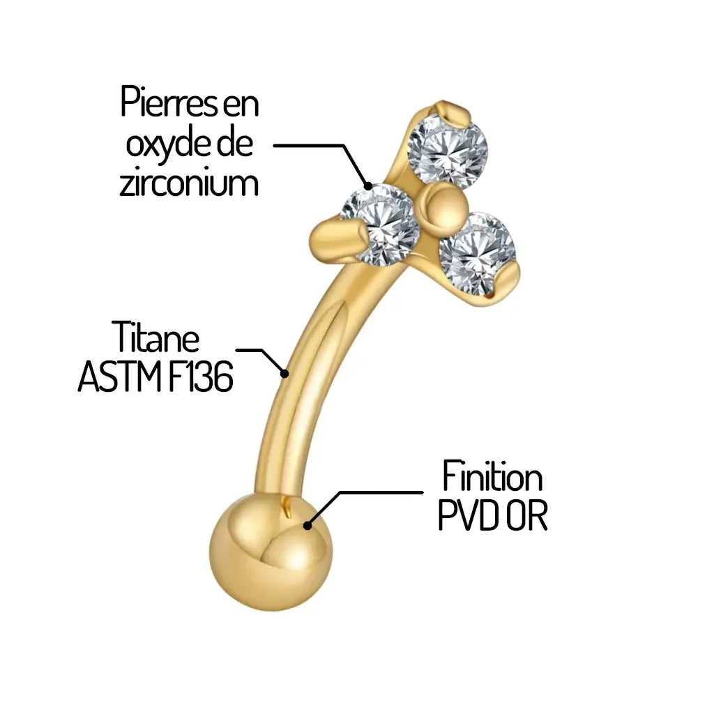 Piercing banane Trinova en titane PVD Or - hypoallergénique et durable avec zirconium