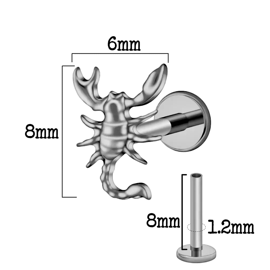 Dimensions du piercing labret en titane ASTM F-136 en forme de scorpion - Vue détaillée