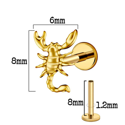 Dimensions du piercing labret en titane ASTM F-136 en forme de scorpion - Vue détaillée de la version avec finitions PVD or