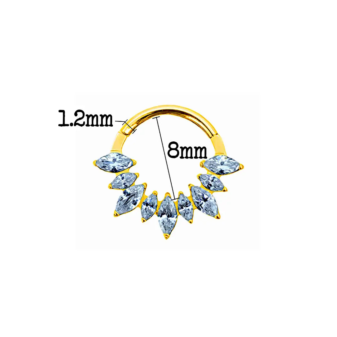 Dimensions du piercing clicker en titane ASTM F-136 avec zirconium allongé pour le daith- Vue détaillée