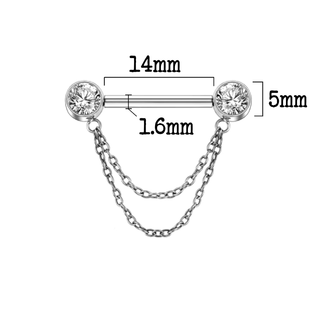 Dimensions du piercing téton threadless en titane avec pierres en zirconium - Vue détaillée