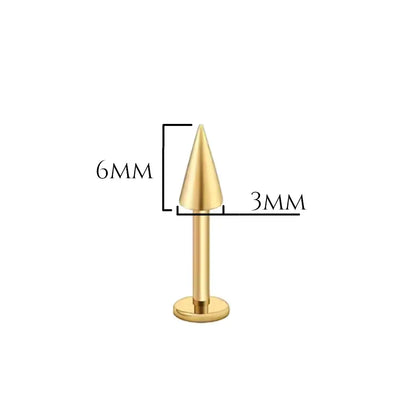 Labret spike 3x6 doré PVD, titane ASTM F-136, filetage interne, embout cône