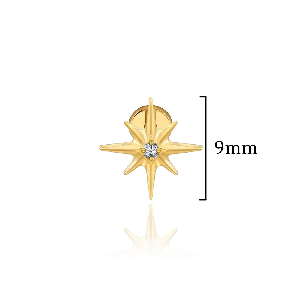 Dimensions du piercing lobe Staros en titane PVD or avec motif étoile 9 mm
