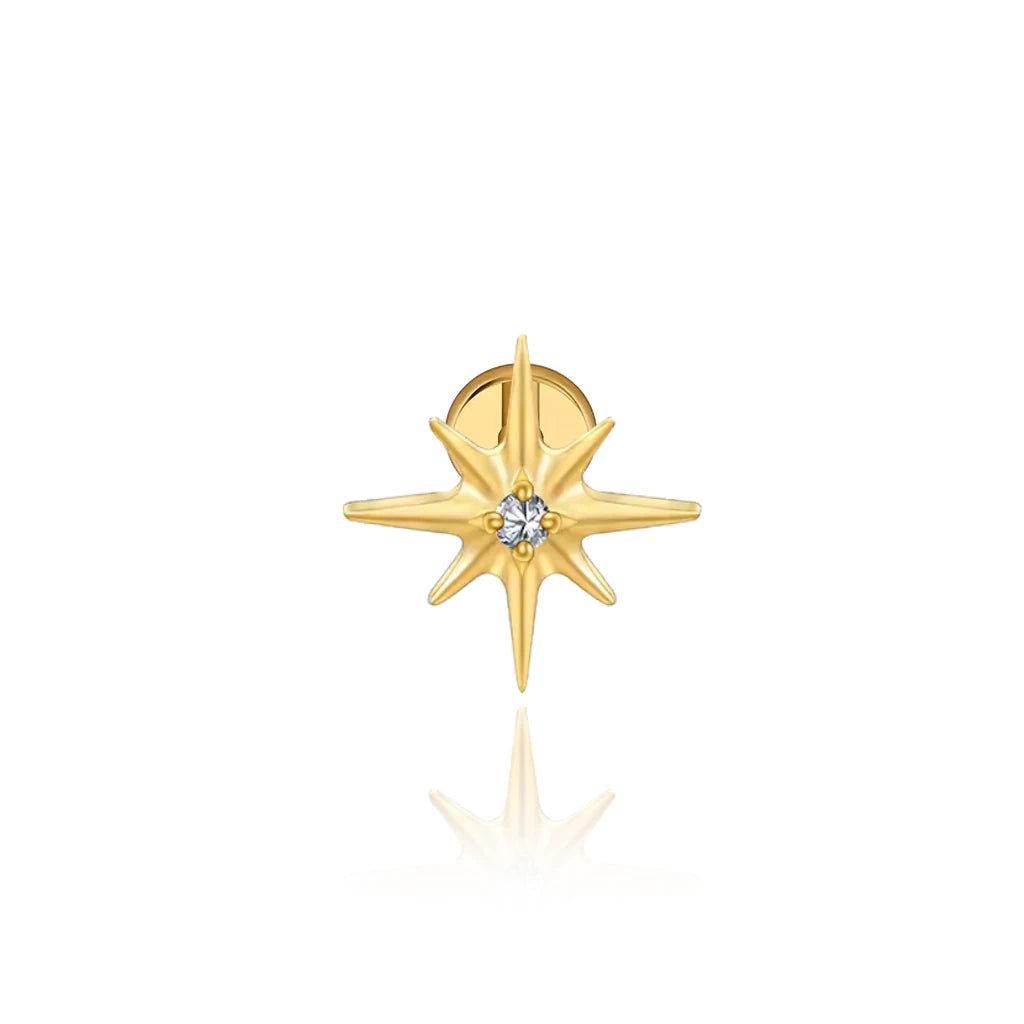 Piercing lobe Staros en titane PVD or avec étoile à huit branches et zirconium blanc