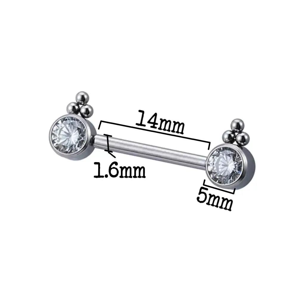 Dimensions du piercing téton threadless en titane ASTM F-136 avec pierres en zirconium et billes - Vue détaillée